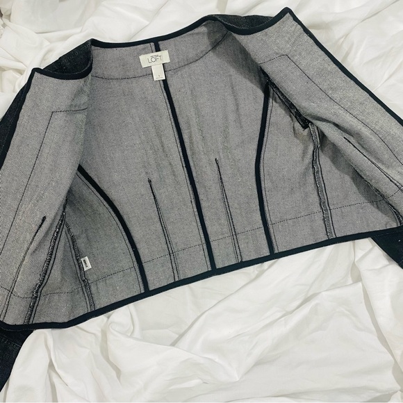 Ann Taylor LOFT Cropped Open Front Denim Jacket Black Fitted Detailed Size 8 EUC - Picture 9 of 12